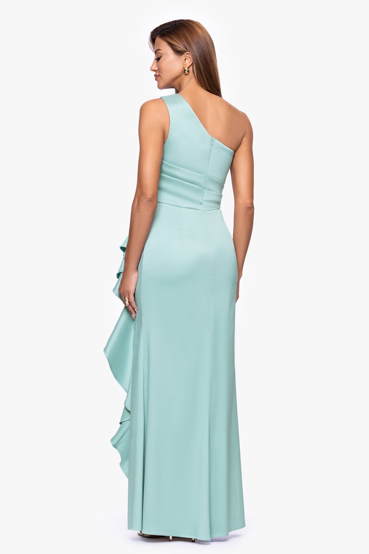 XSCAPE Petite "Nikki" Mikado One Shoulder Ruffle Dress
