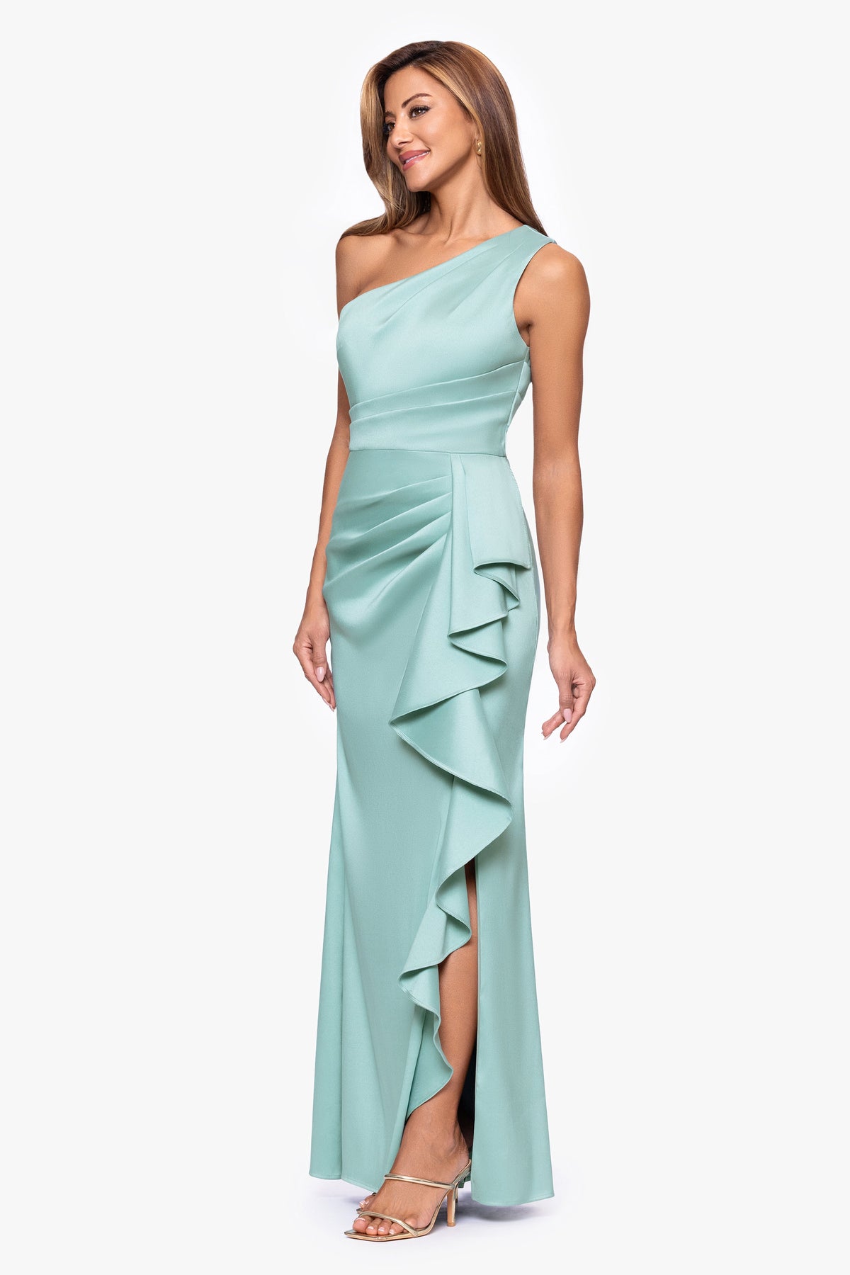 XSCAPE Petite "Nikki" Mikado One Shoulder Ruffle Dress