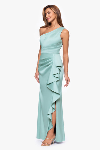 XSCAPE Petite "Nikki" Mikado One Shoulder Ruffle Dress