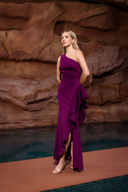 XSCAPE Petite "Flo" Techno Scuba One Shoulder Ruffle Dress