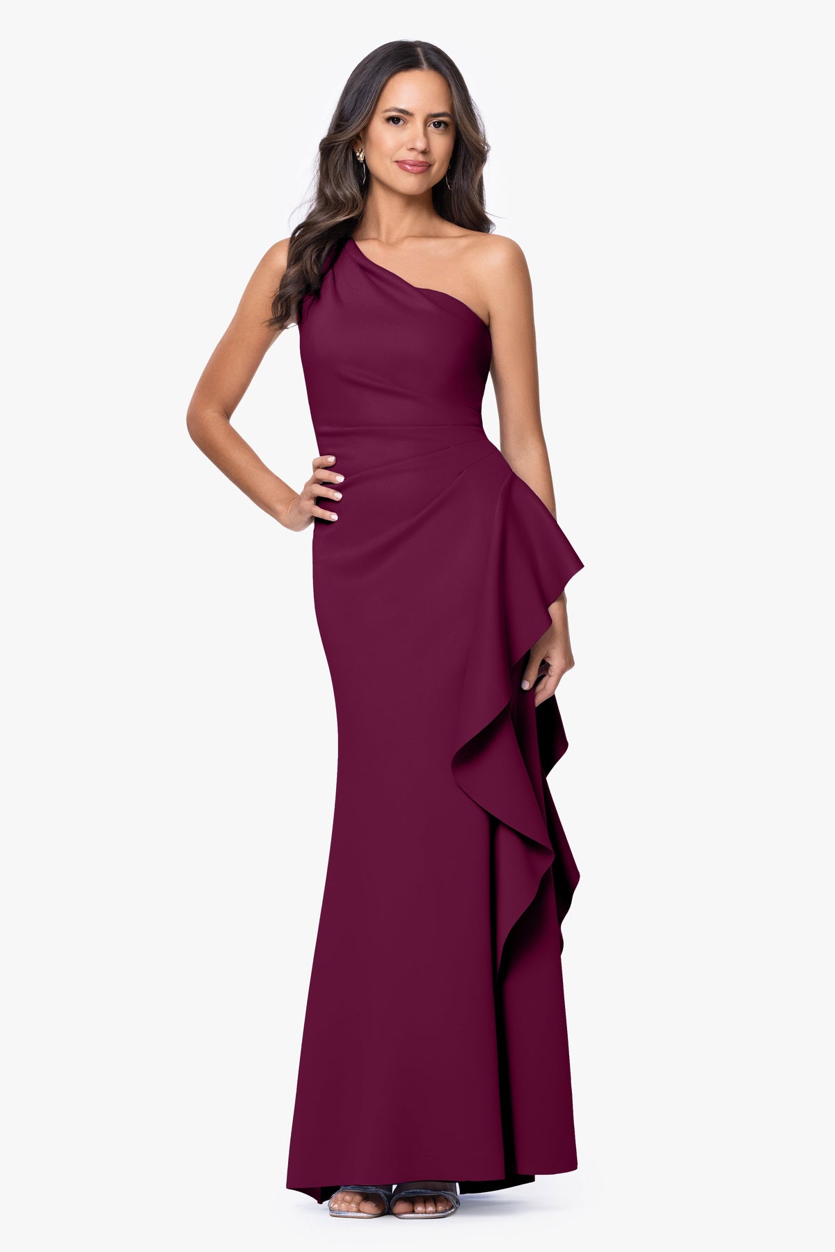 XSCAPE Petite "Flo" Techno Scuba One Shoulder Ruffle Dress