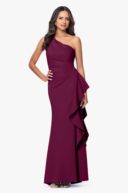 XSCAPE Petite "Flo" Techno Scuba One Shoulder Ruffle Dress