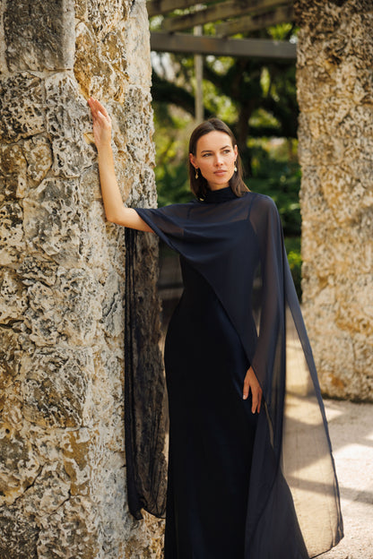 XSCAPE "Laura" Satin Dress With Removable Chiffon Shawl Dress