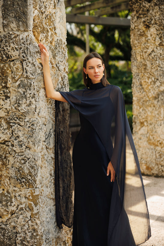 XSCAPE "Laura" Satin Dress With Removable Chiffon Shawl Dress