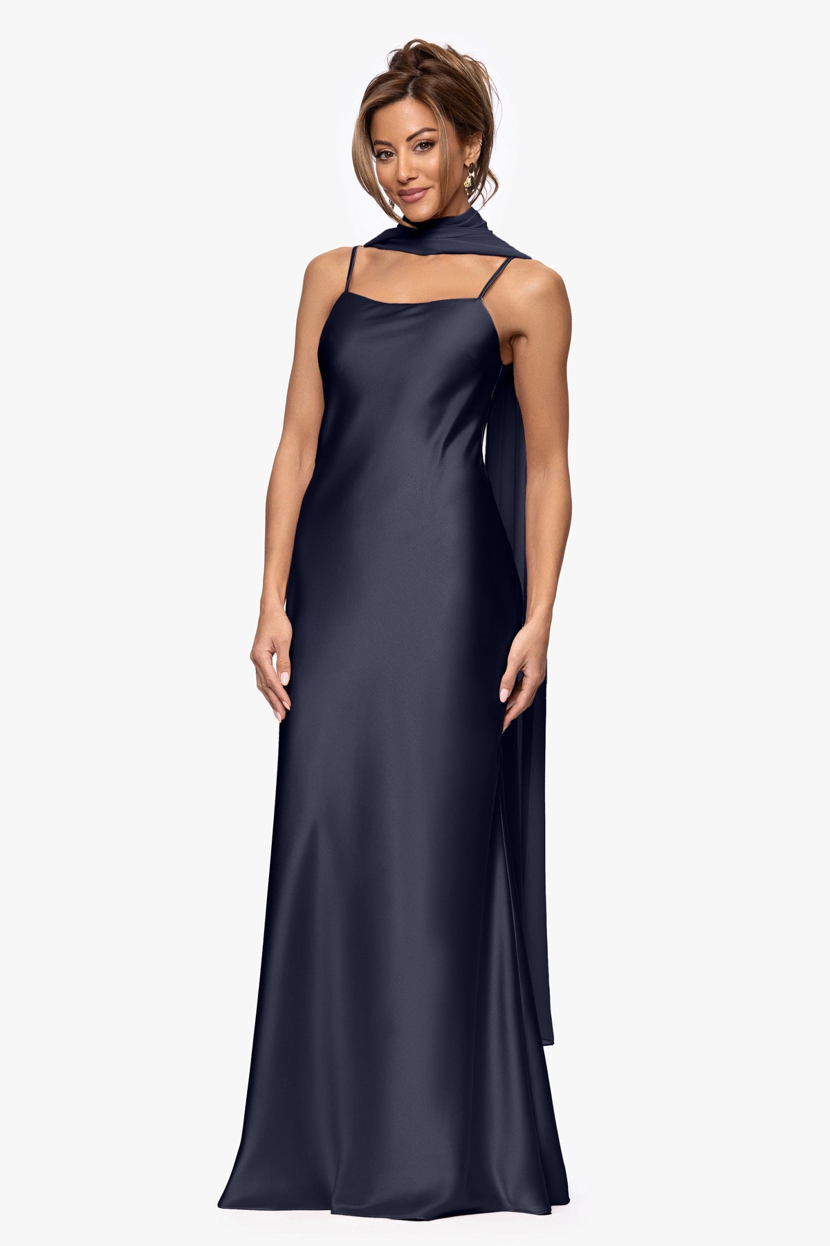 XSCAPE "Laura" Satin Dress With Removable Chiffon Shawl Dress