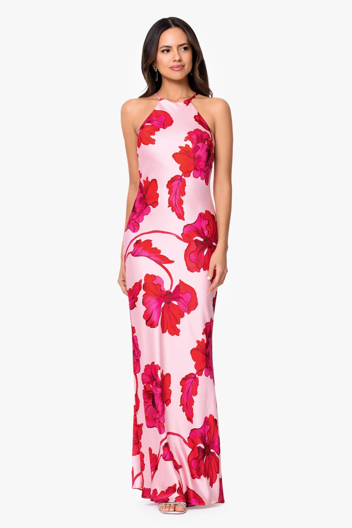 XSCAPE "Sienna" Printed Satin Tie Neck Dress