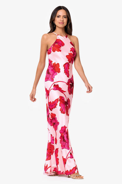 XSCAPE "Sienna" Printed Satin Tie Neck Dress