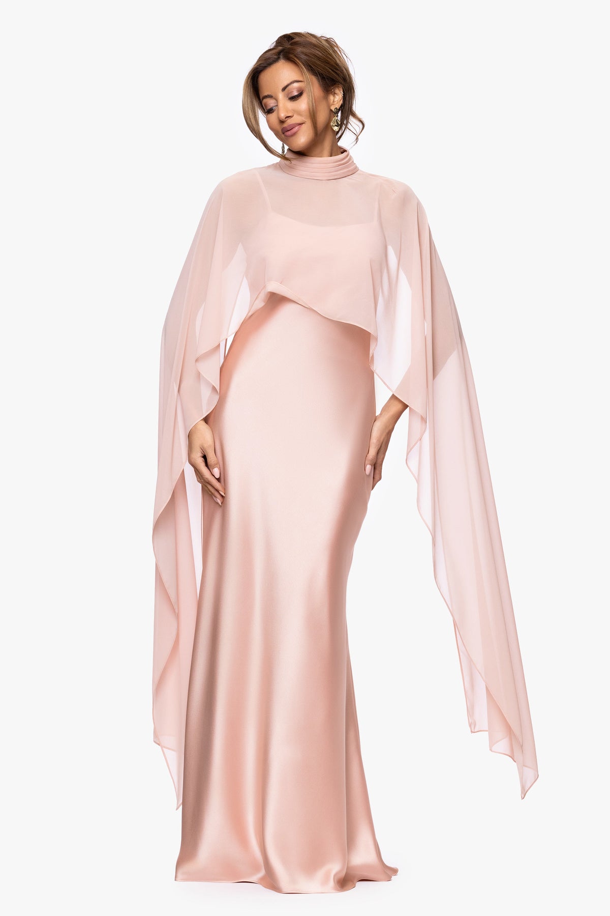 XSCAPE "Laura" Satin Dress With Removable Chiffon Shawl