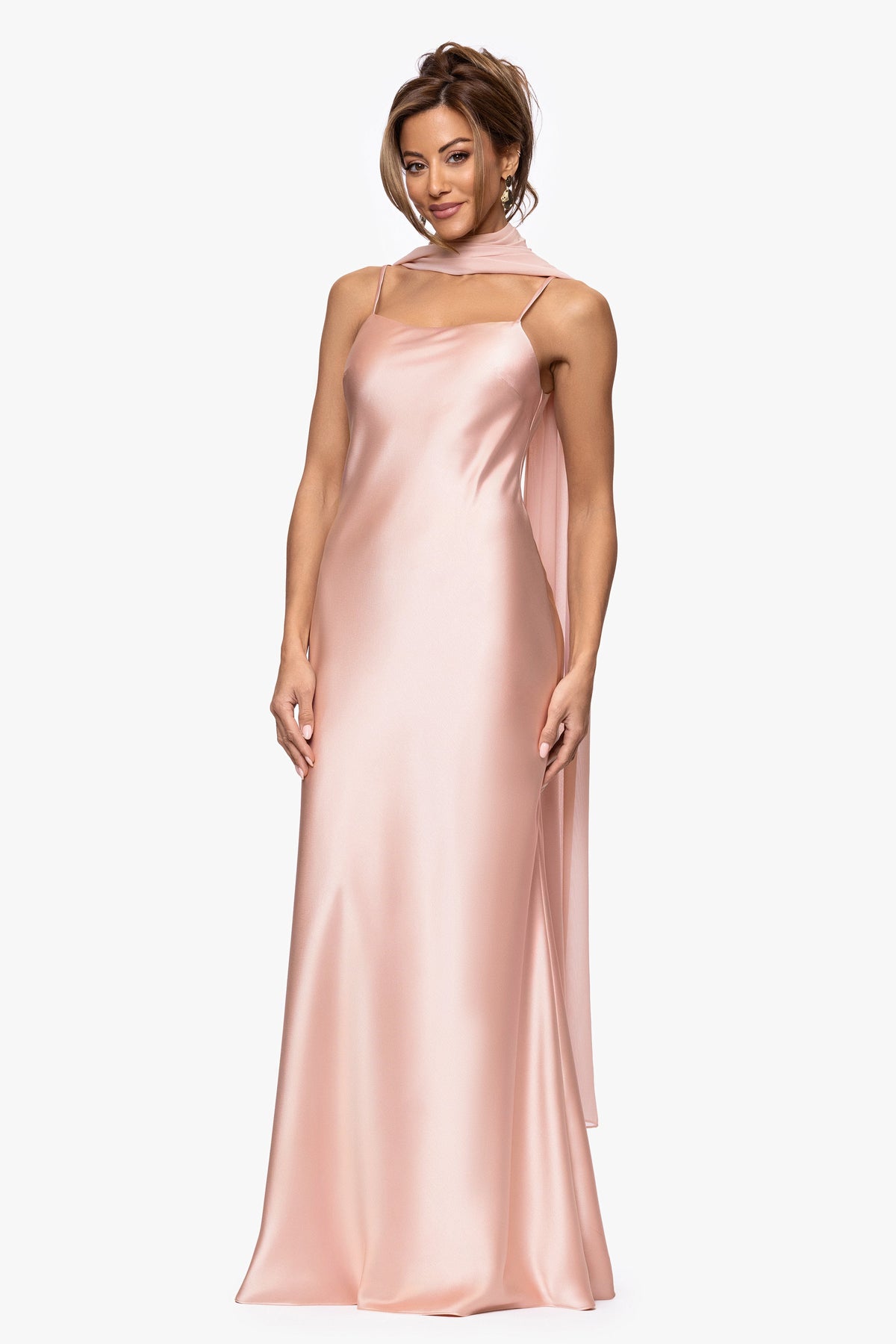 XSCAPE "Laura" Satin Dress With Removable Chiffon Shawl