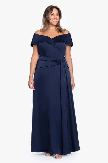 XSCAPE Plus "Daniella" Satin Off The Shoulder Short Sleeve Dress