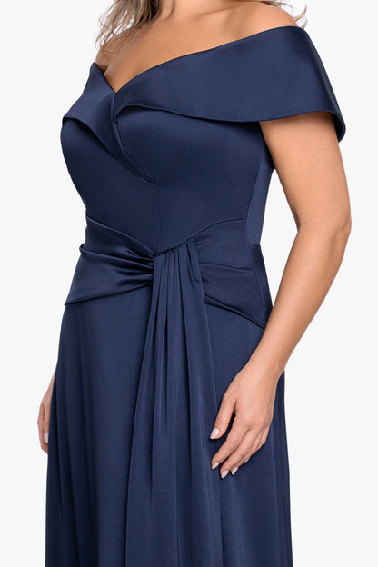 XSCAPE Plus "Daniella" Satin Off The Shoulder Short Sleeve Dress