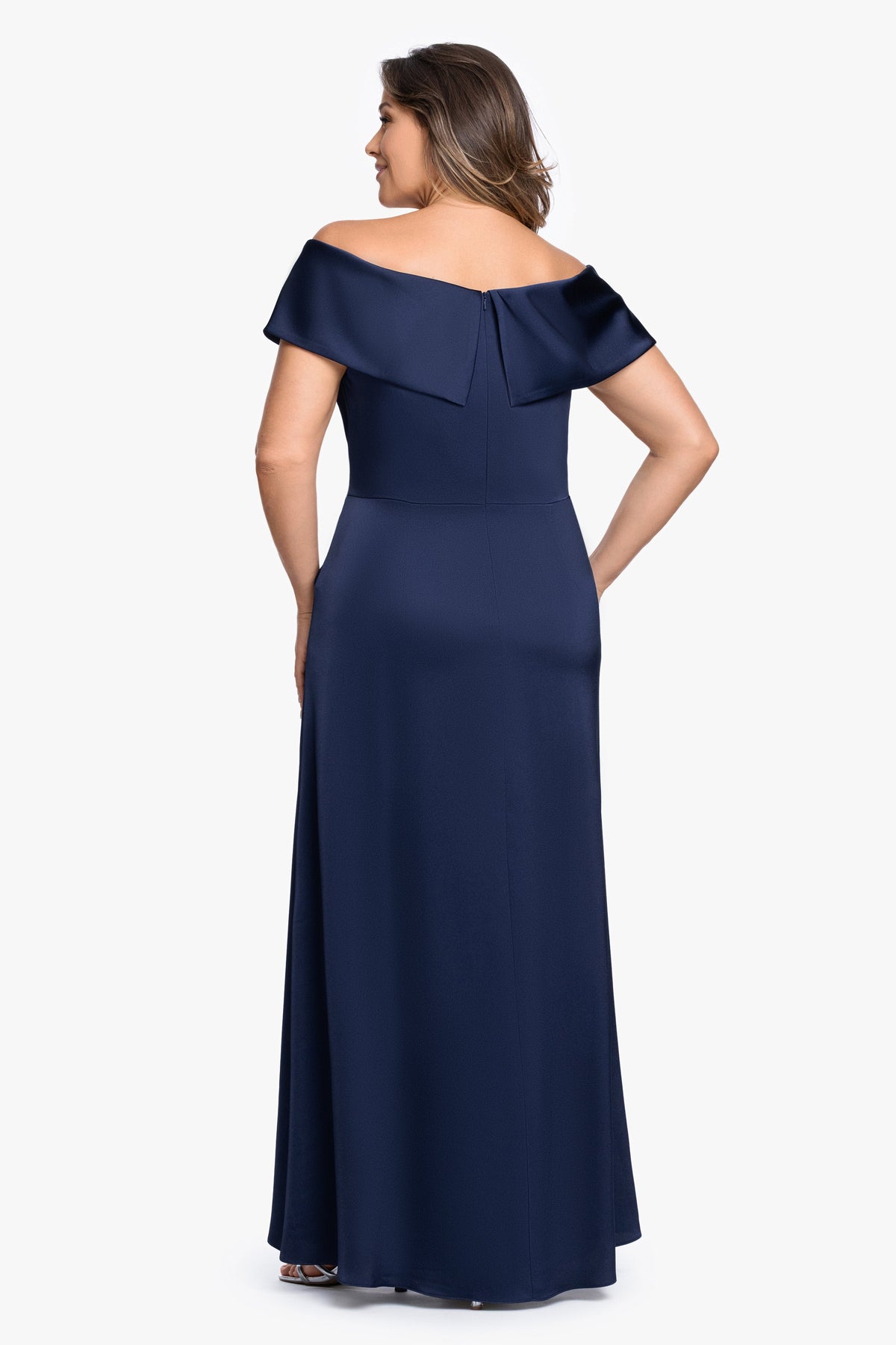 XSCAPE Plus "Daniella" Satin Off The Shoulder Short Sleeve Dress