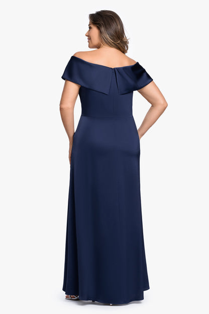 XSCAPE Plus "Daniella" Satin Off The Shoulder Short Sleeve Dress