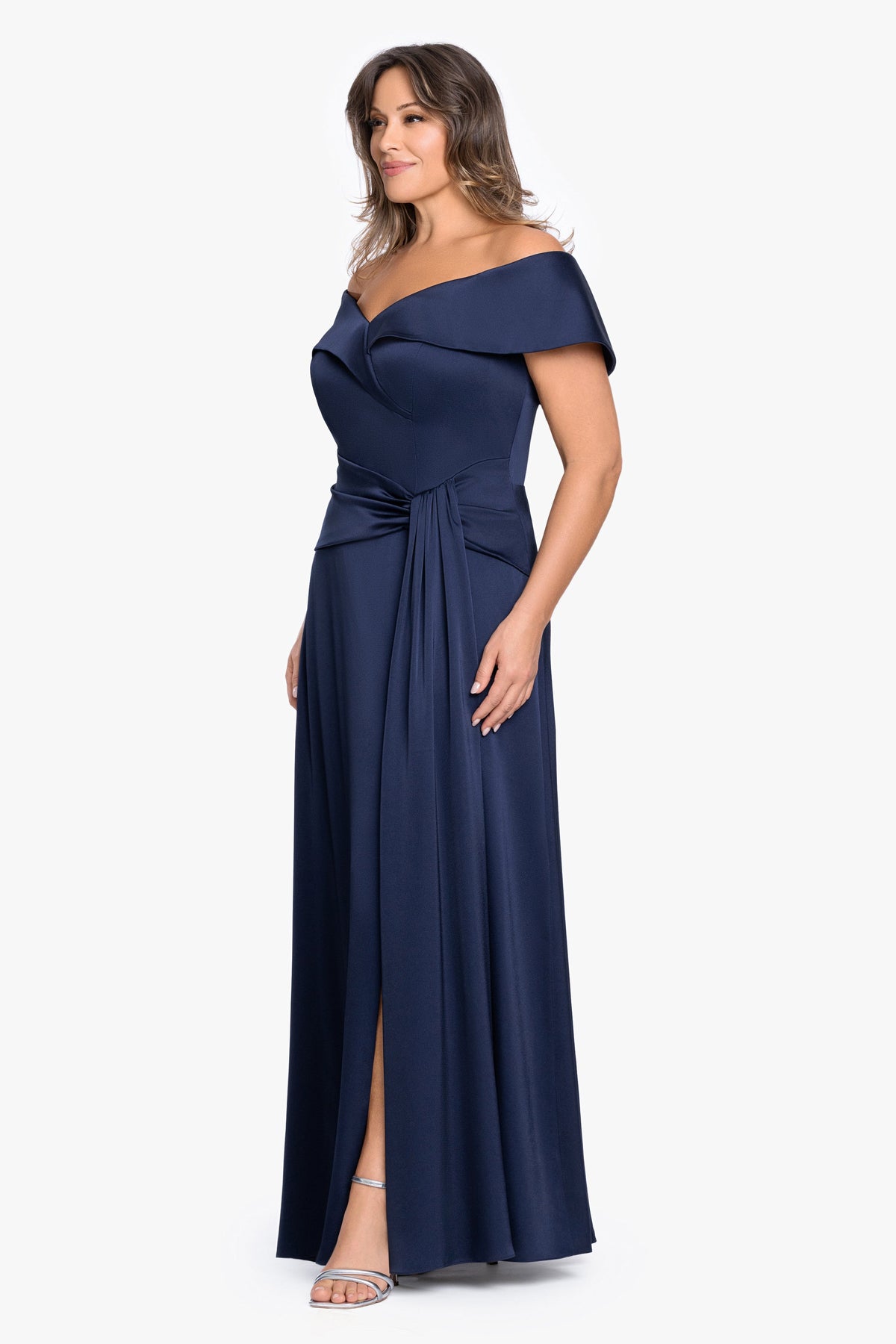XSCAPE Plus "Daniella" Satin Off The Shoulder Short Sleeve Dress