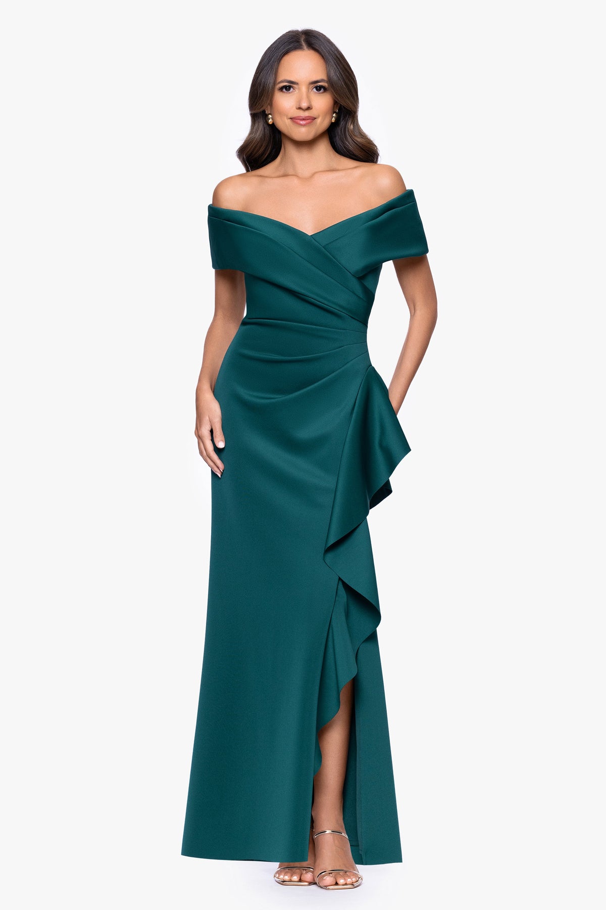 XSCAPE "Pearl" Techno Scuba Off the Shoulder Ruffle Dress