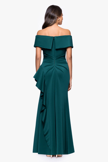XSCAPE "Pearl" Techno Scuba Off the Shoulder Ruffle Dress