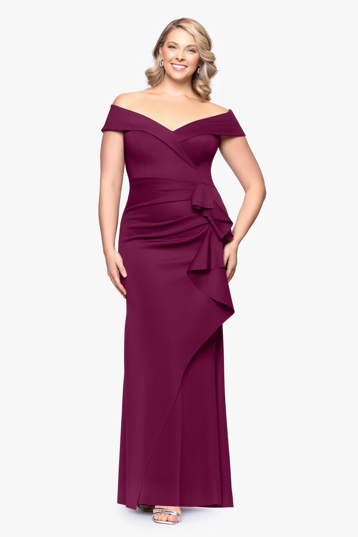 XSCAPE Plus "Patti" Techno Scuba Off The Shoulder Dress