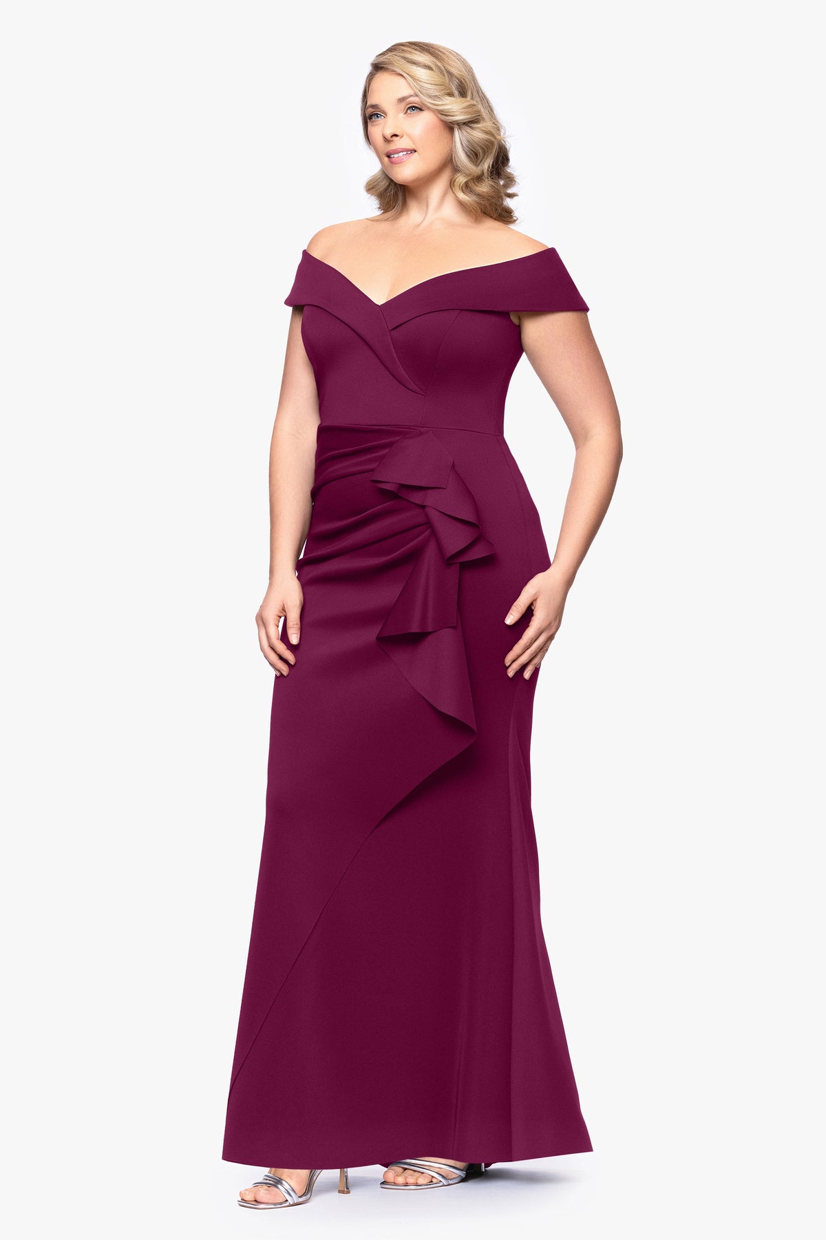 XSCAPE Plus "Patti" Techno Scuba Off The Shoulder Dress