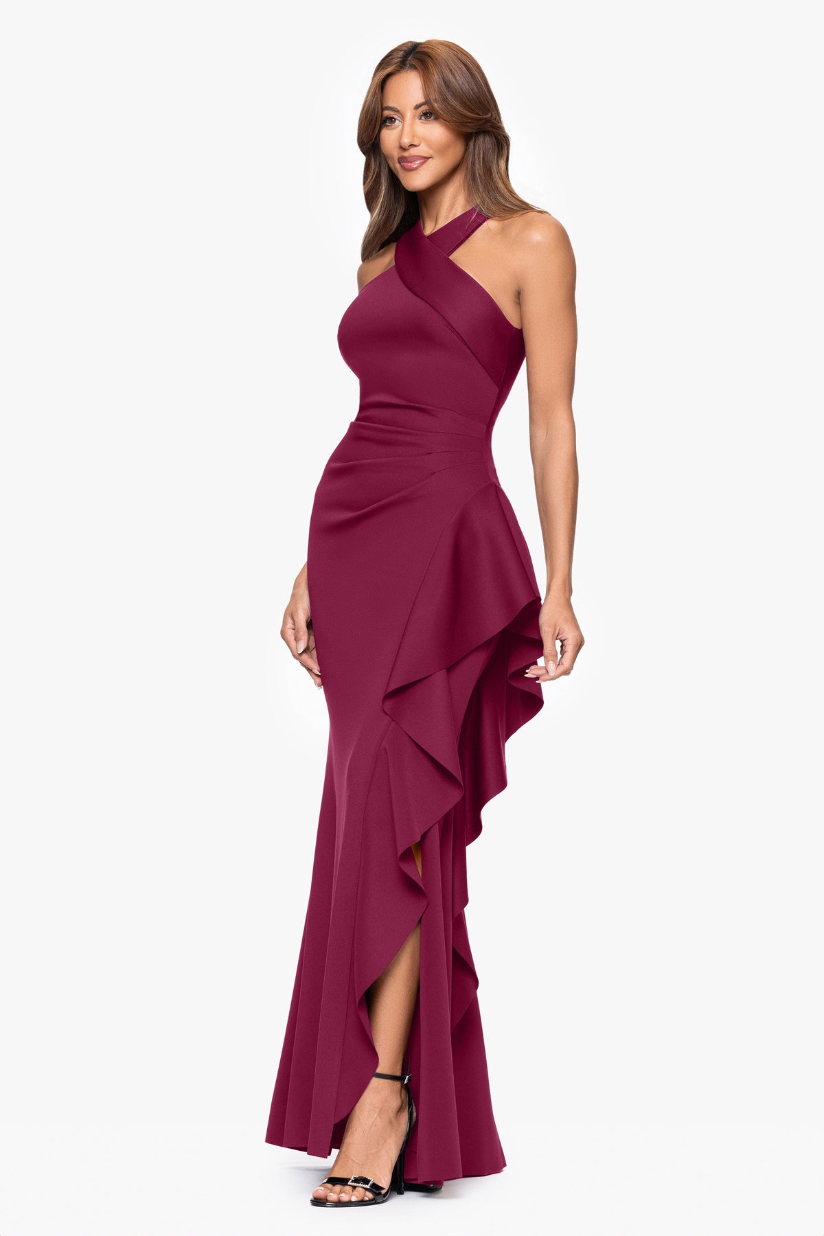 XSCAPE Petite "Gigi" Techno Scuba Cross Neck Dress