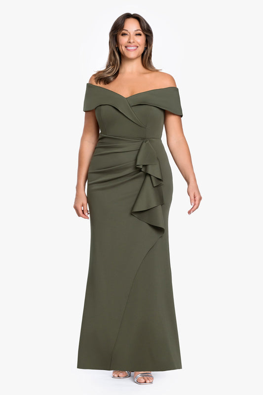 XSCAPE Plus "Patti" Techno Scuba Off The Shoulder Dress