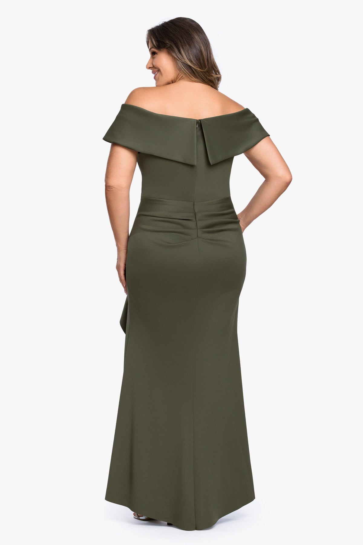 XSCAPE Plus "Patti" Techno Scuba Off The Shoulder Dress