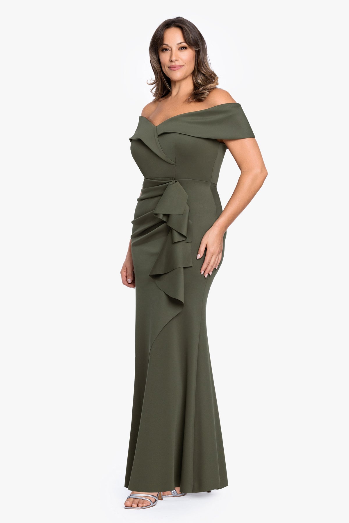 XSCAPE Plus "Patti" Techno Scuba Off The Shoulder Dress