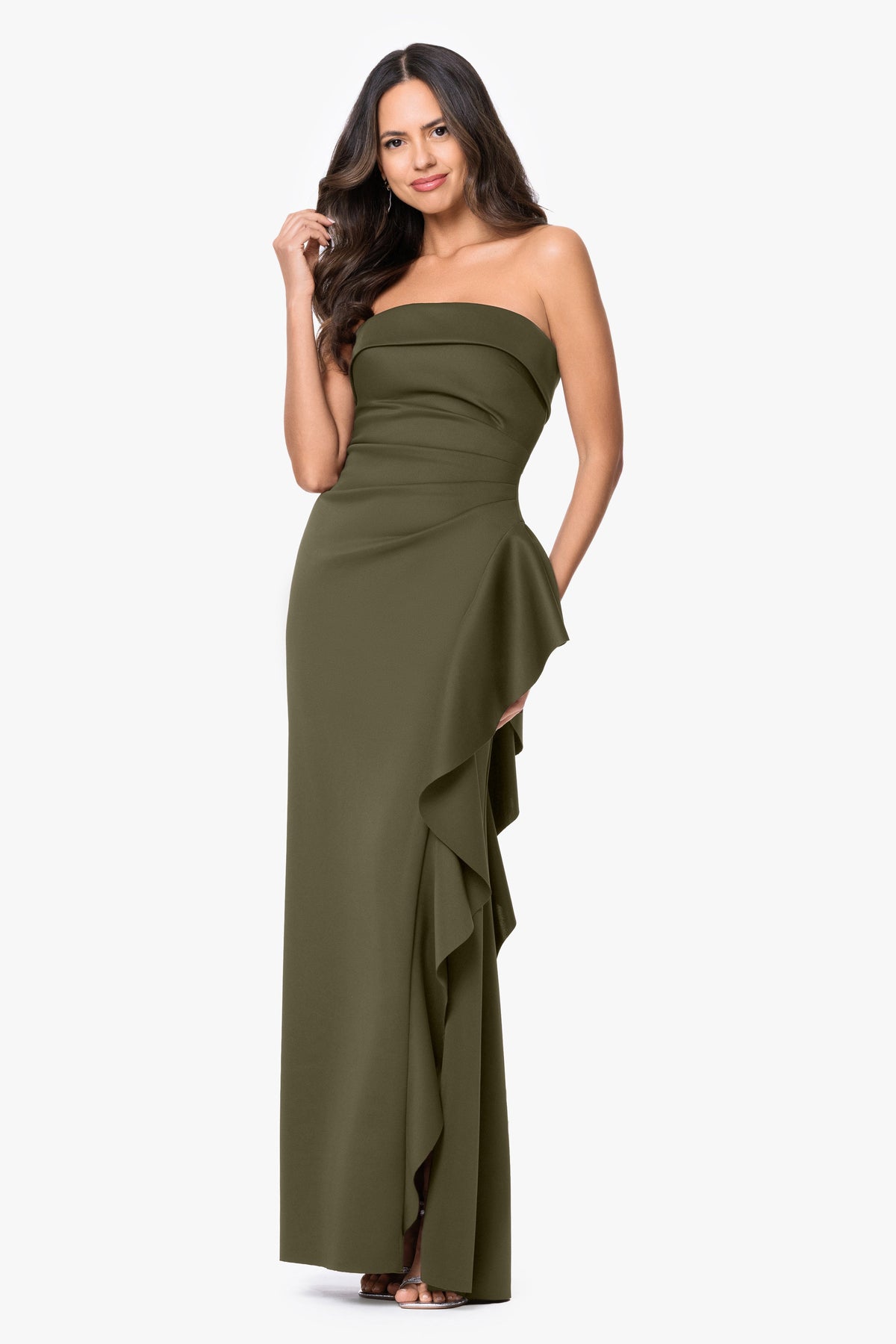 XSCAPE "Jacqueline" Techno Scuba Strapless Ruffle Dress