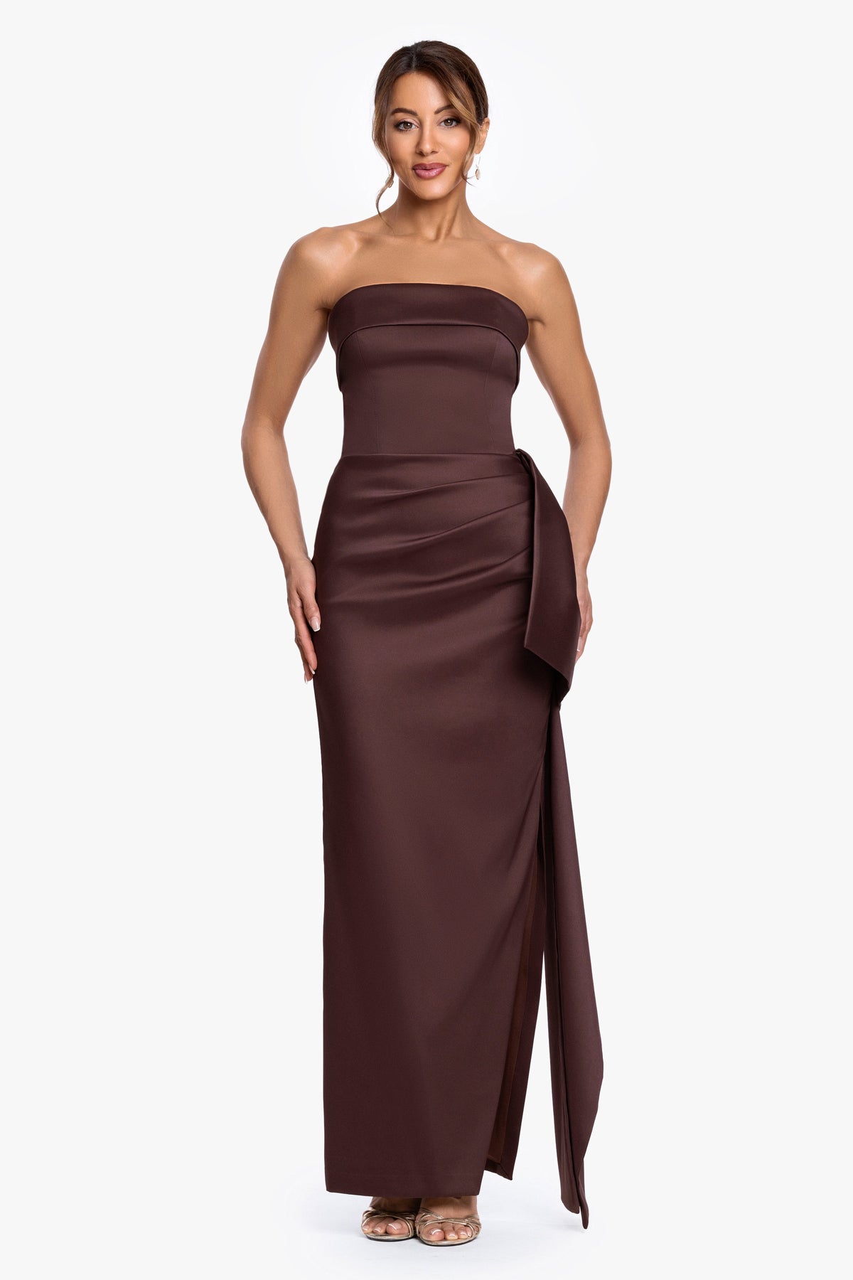 XSCAPE "Remi" Satin Strapless Side Ruffle Dress