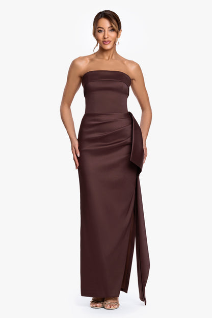 XSCAPE "Remi" Satin Strapless Side Ruffle Dress