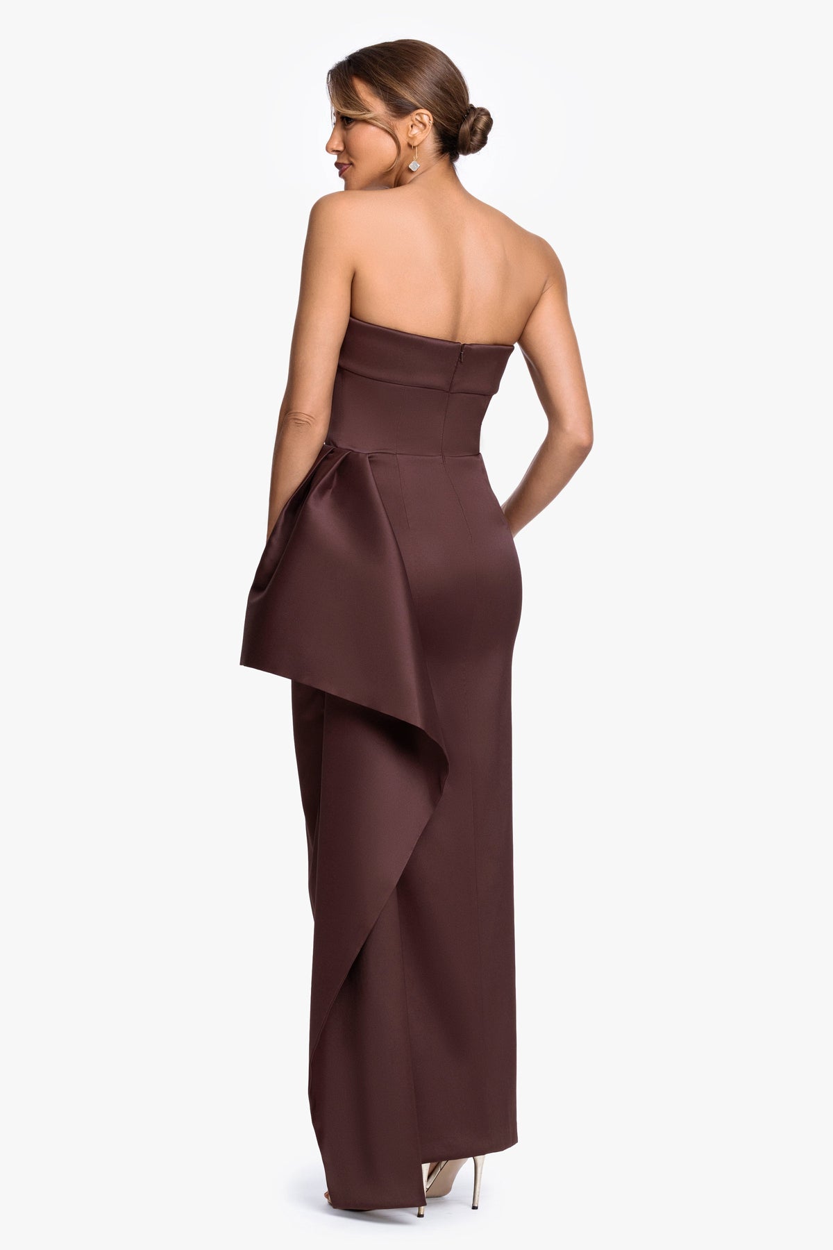 XSCAPE "Remi" Satin Strapless Side Ruffle Dress
