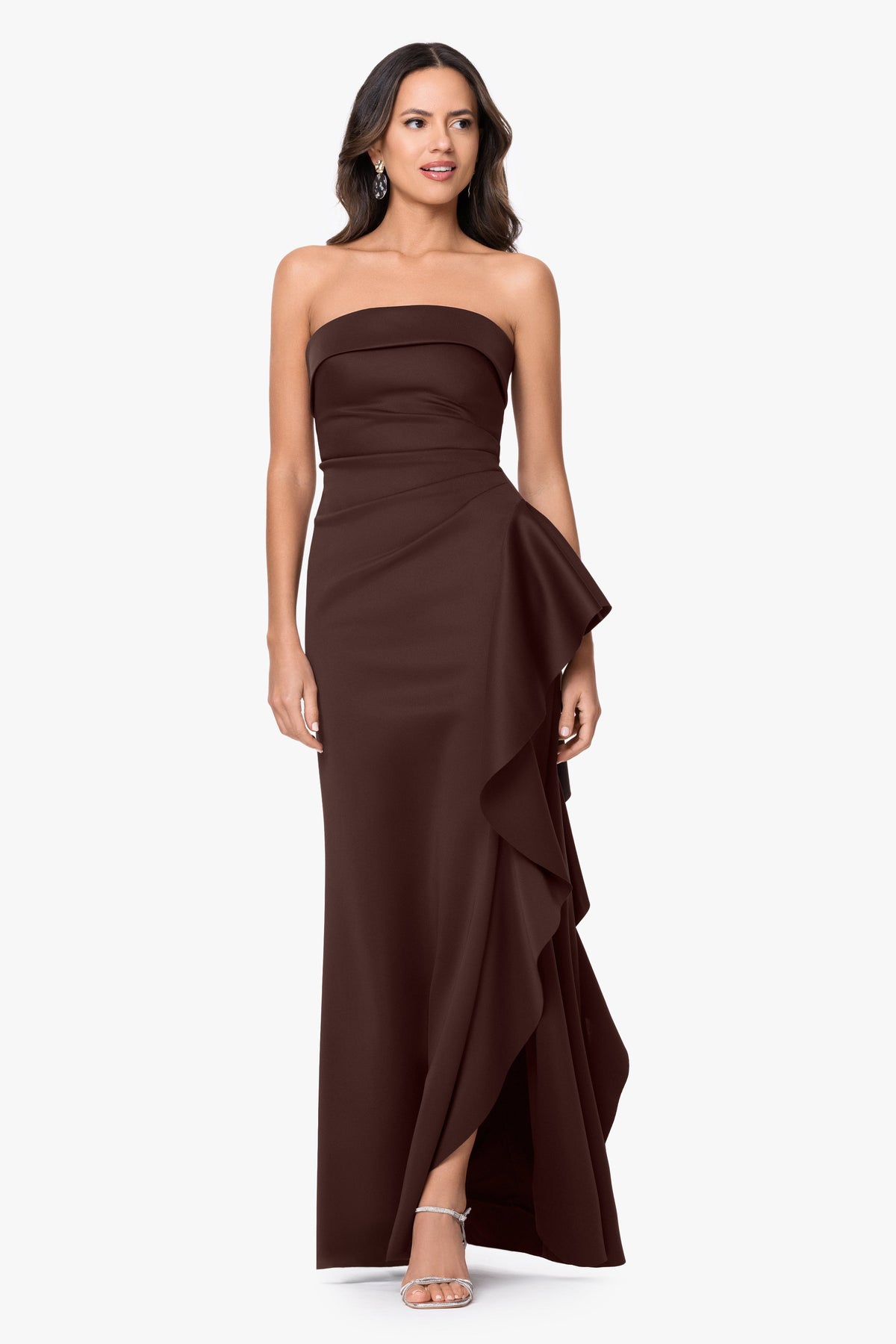 XSCAPE Petite "Jacqueline" Techno Scuba Strapless Ruffle Dress