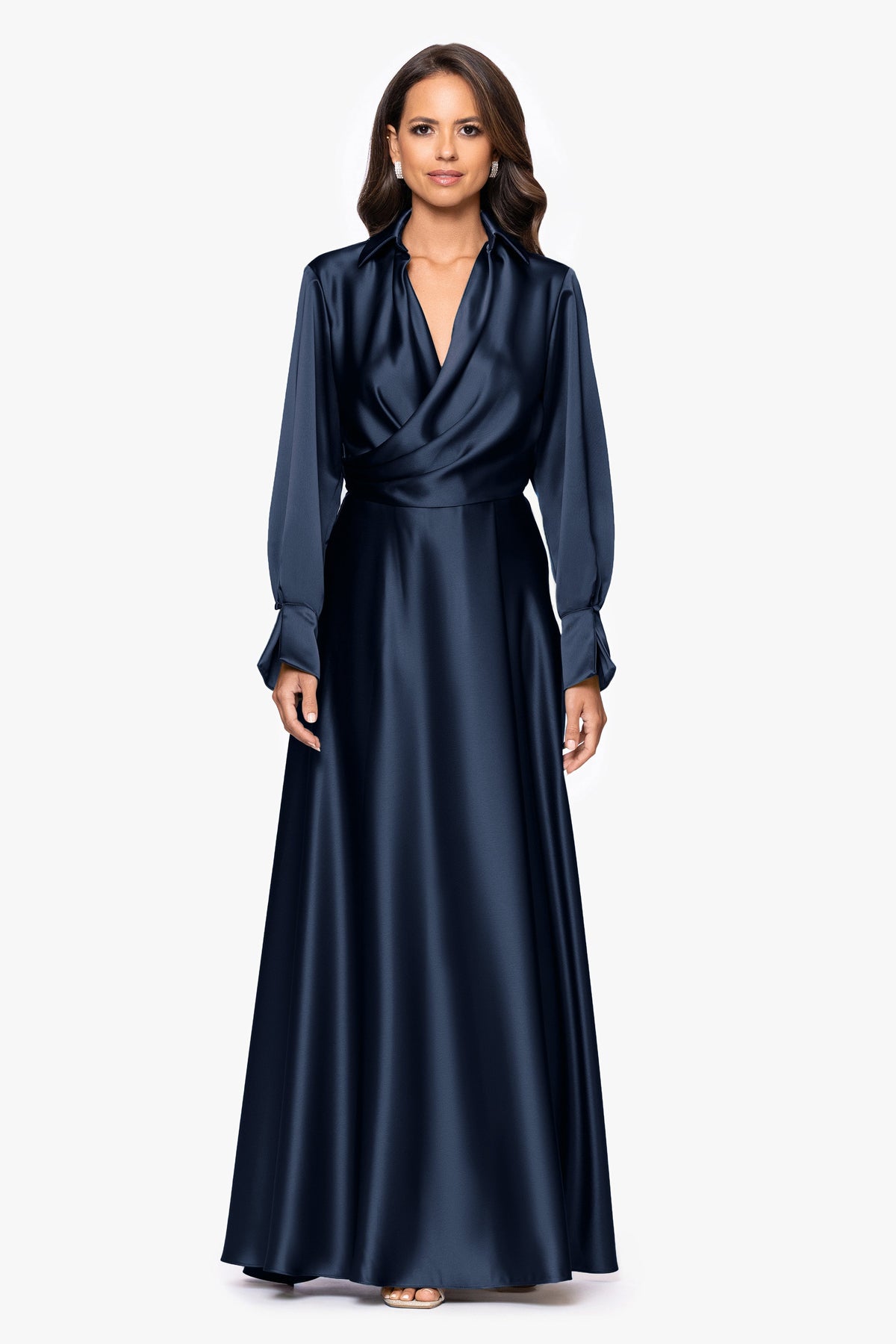 XSCAPE "Kelandra" Satin Collared V-Neck Long Sleeve Dress