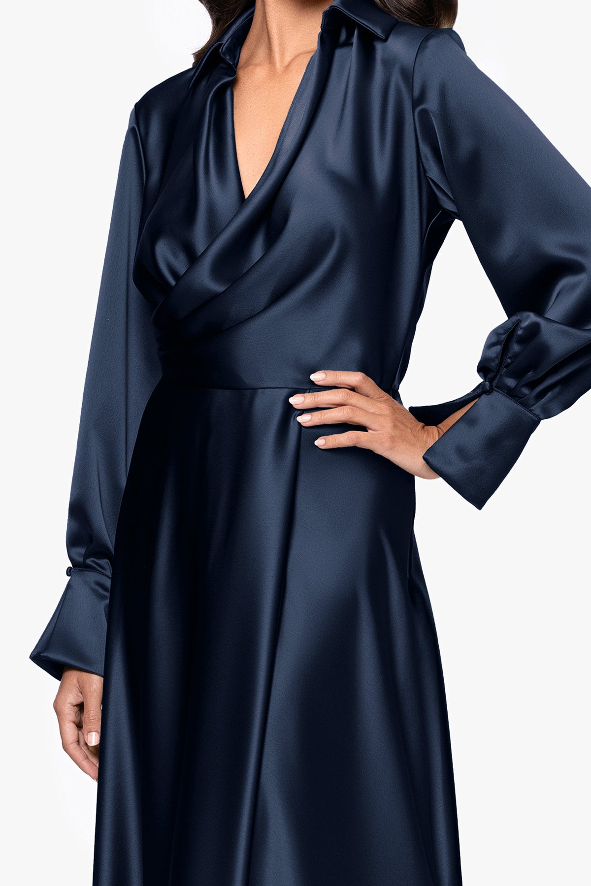 XSCAPE "Kelandra" Satin Collared V-Neck Long Sleeve Dress