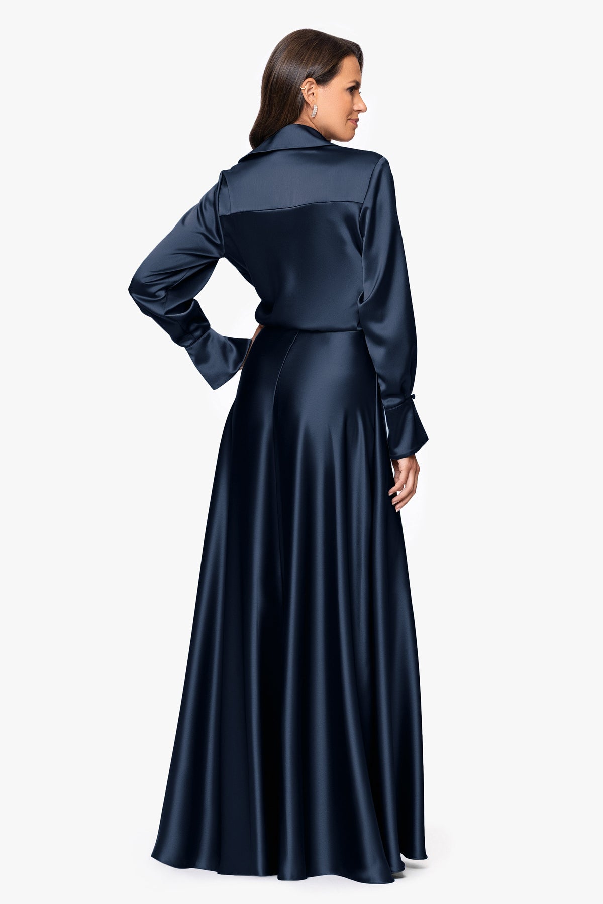 XSCAPE "Kelandra" Satin Collared V-Neck Long Sleeve Dress