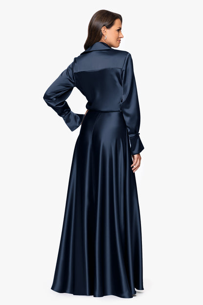 XSCAPE "Kelandra" Satin Collared V-Neck Long Sleeve Dress