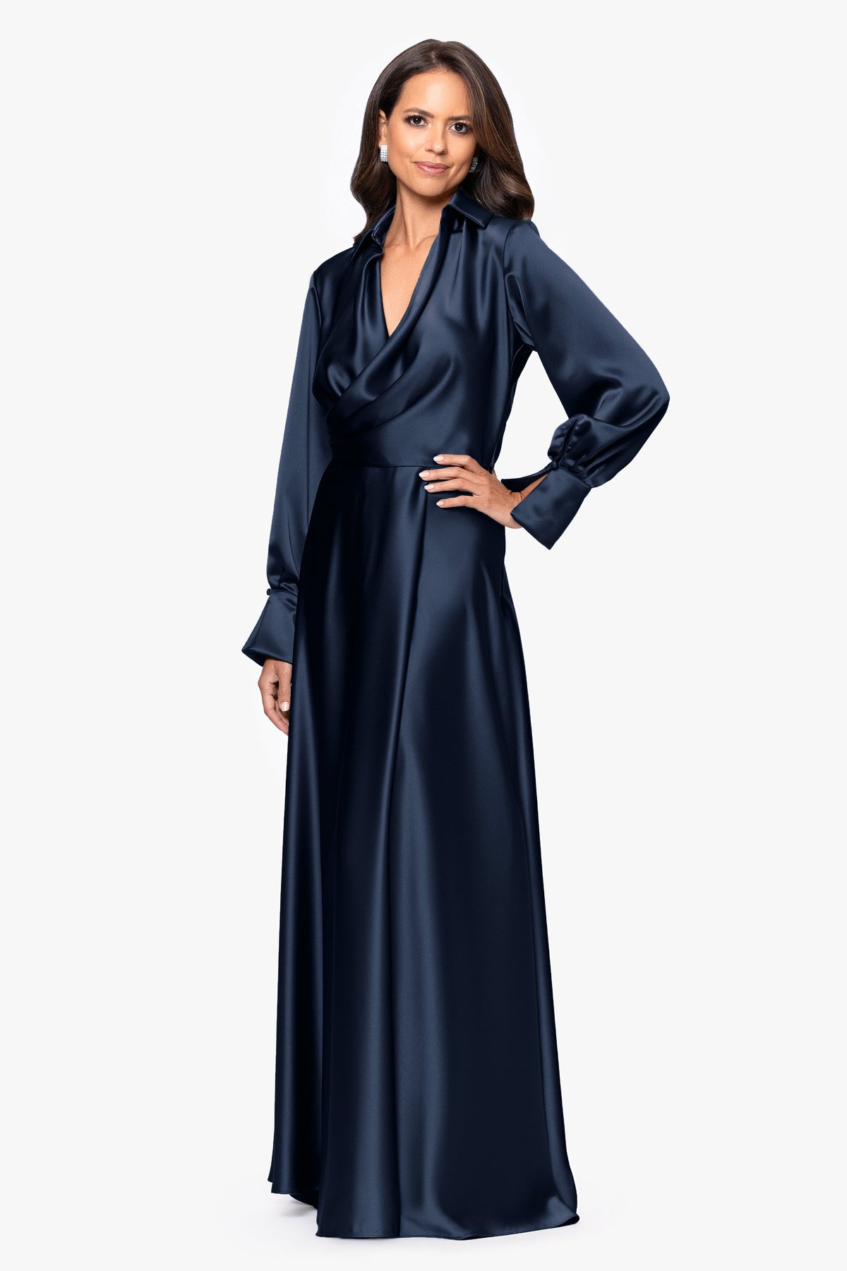 XSCAPE "Kelandra" Satin Collared V-Neck Long Sleeve Dress