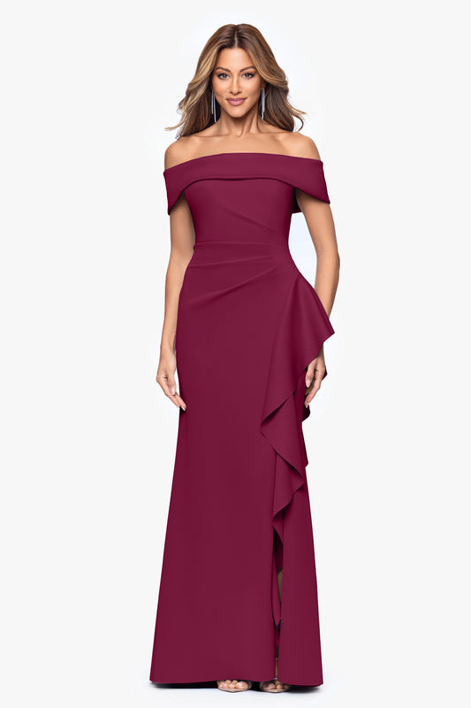 XSCAPE "Dolly" Techno Scuba Off The Shoulder Ruffle Dress
