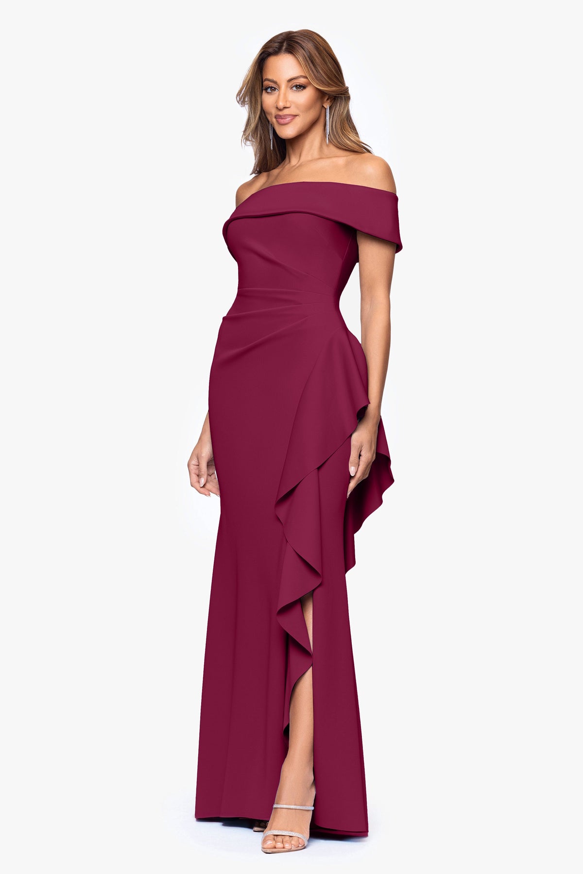 XSCAPE "Dolly" Techno Scuba Off The Shoulder Ruffle Dress