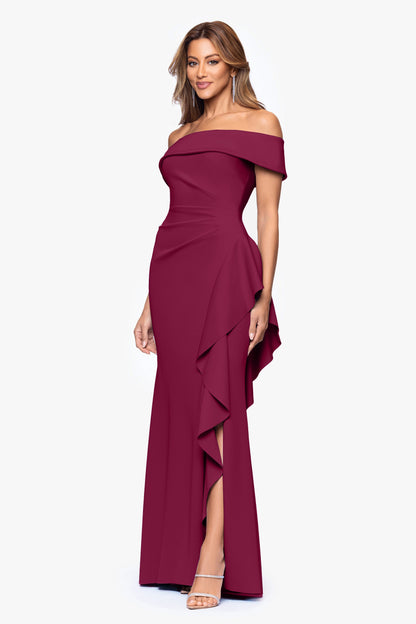 XSCAPE "Dolly" Techno Scuba Off The Shoulder Ruffle Dress