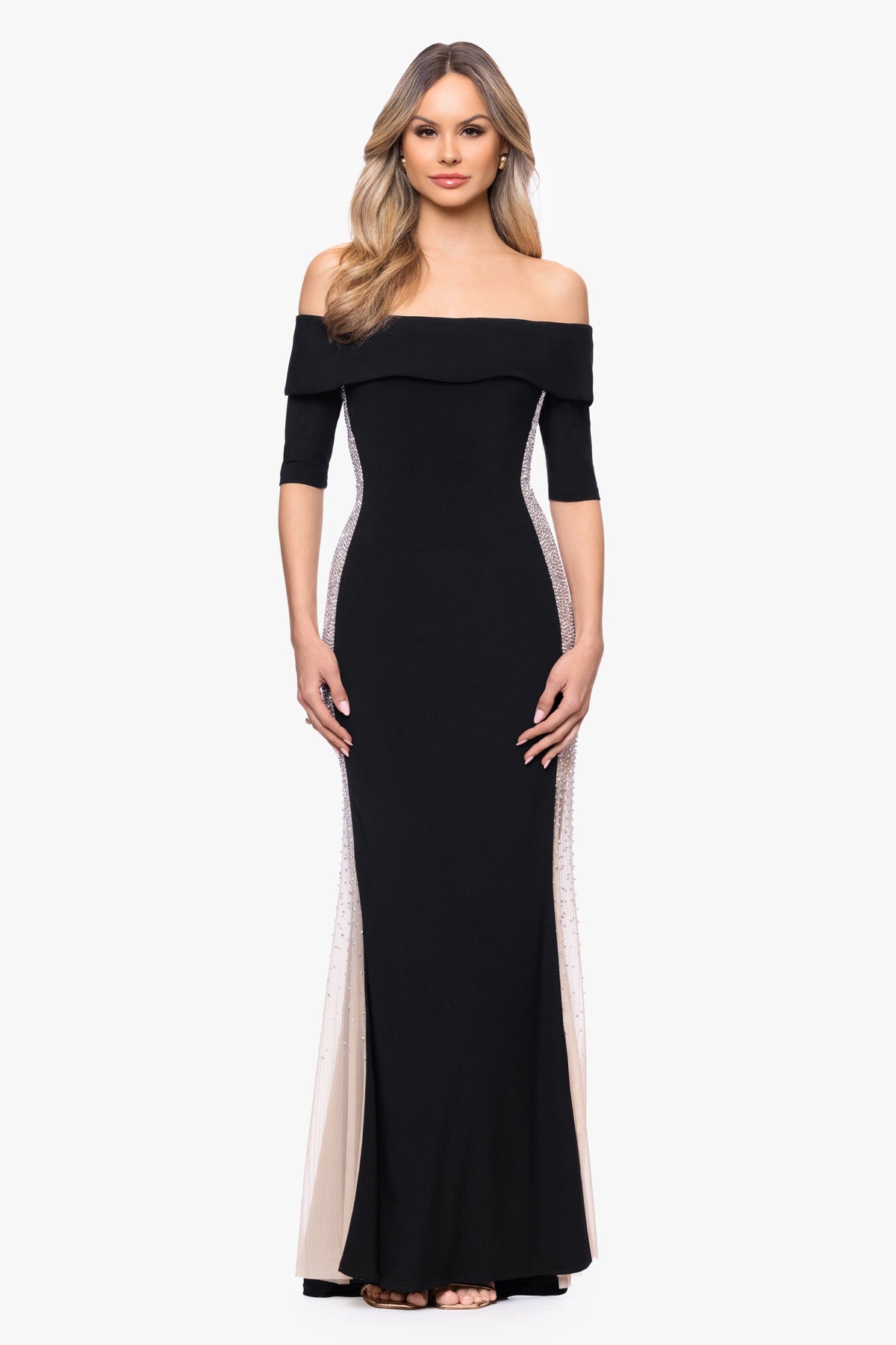 XSCAPE "Alice" Jersey Knit Off The Shoulder Caviar Dress