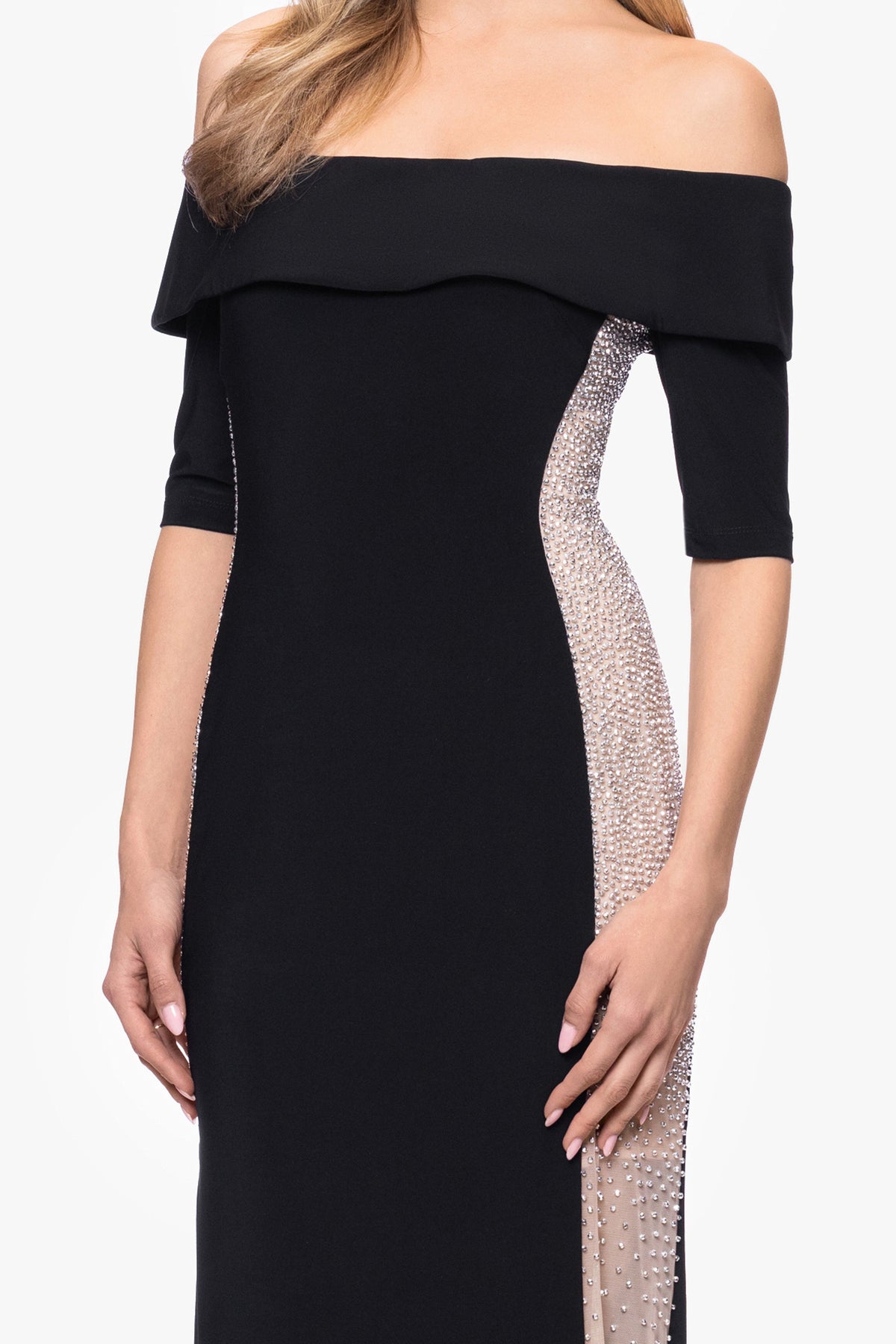 XSCAPE "Alice" Jersey Knit Off The Shoulder Caviar Dress