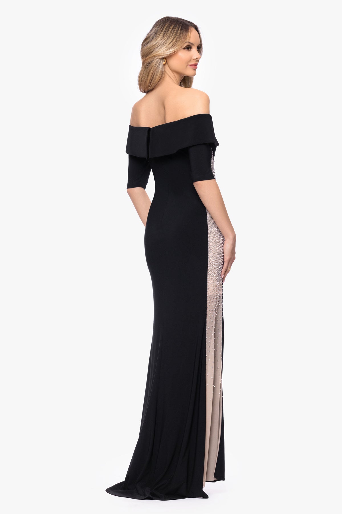 XSCAPE "Alice" Jersey Knit Off The Shoulder Caviar Dress