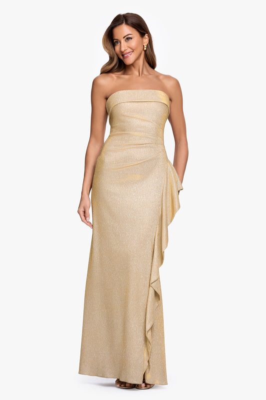 XSCAPE "Elena" Metallic Strapless Side Ruffle Dress