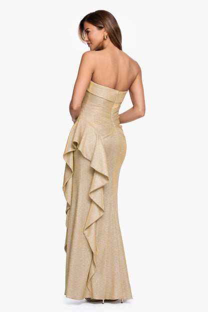 XSCAPE "Elena" Metallic Strapless Side Ruffle Dress