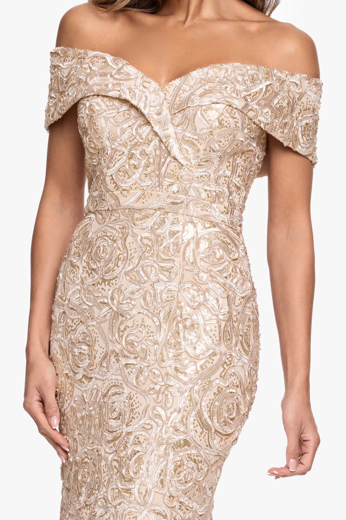 XSCAPE "Georgia" Soutache Off The Shoulder Gown