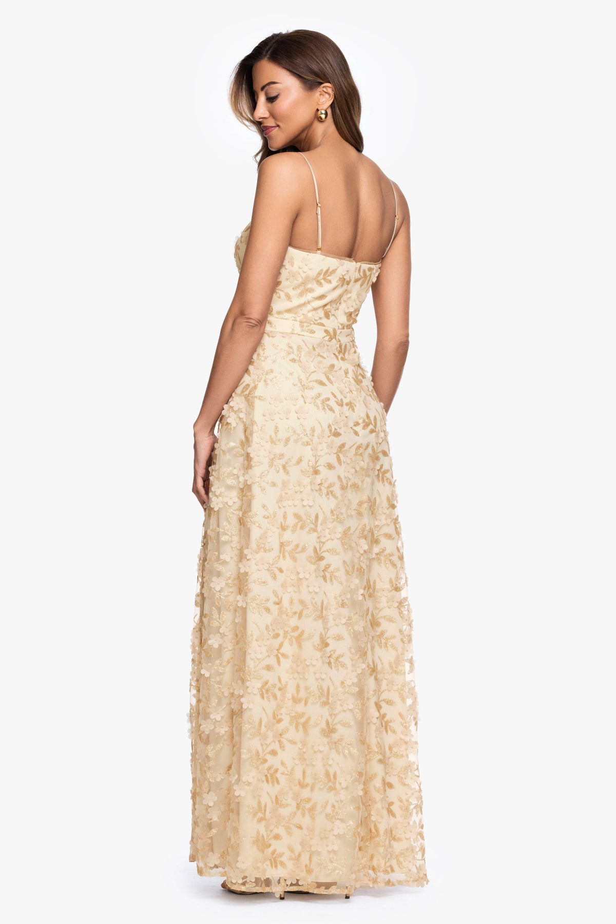 XSCAPE "Natalie" Flower Embellished Spaghetti Strap Gown