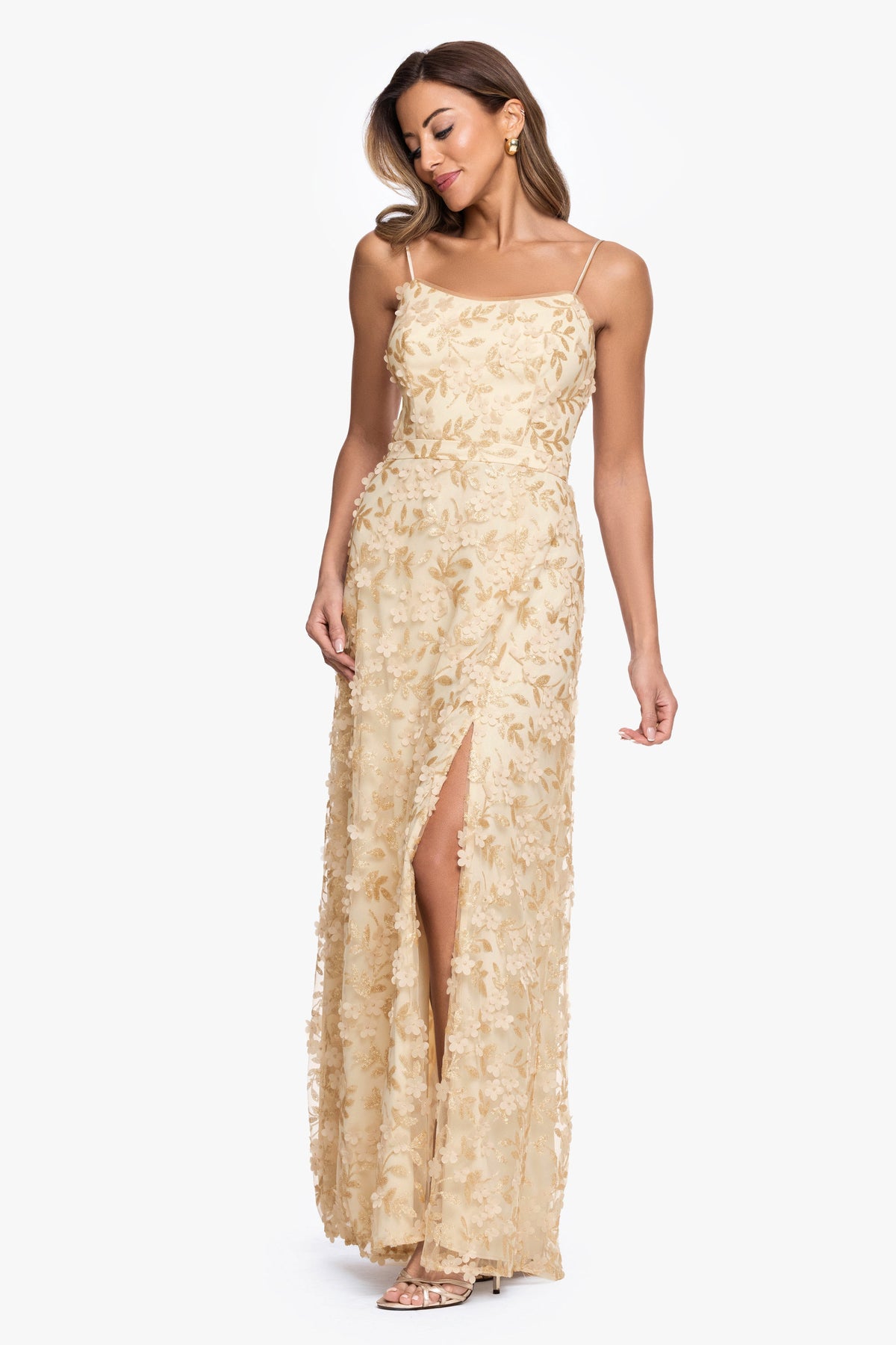 XSCAPE "Natalie" Flower Embellished Spaghetti Strap Gown