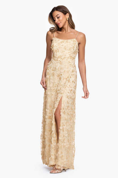 XSCAPE "Natalie" Flower Embellished Spaghetti Strap Gown