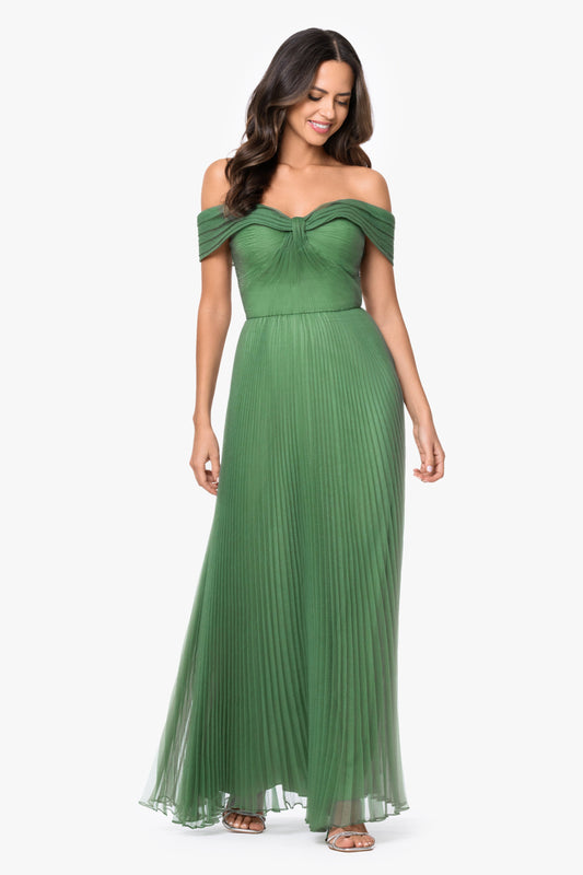 XSCAPE "Cora" Organza Pleated Off The Shoulder Dress