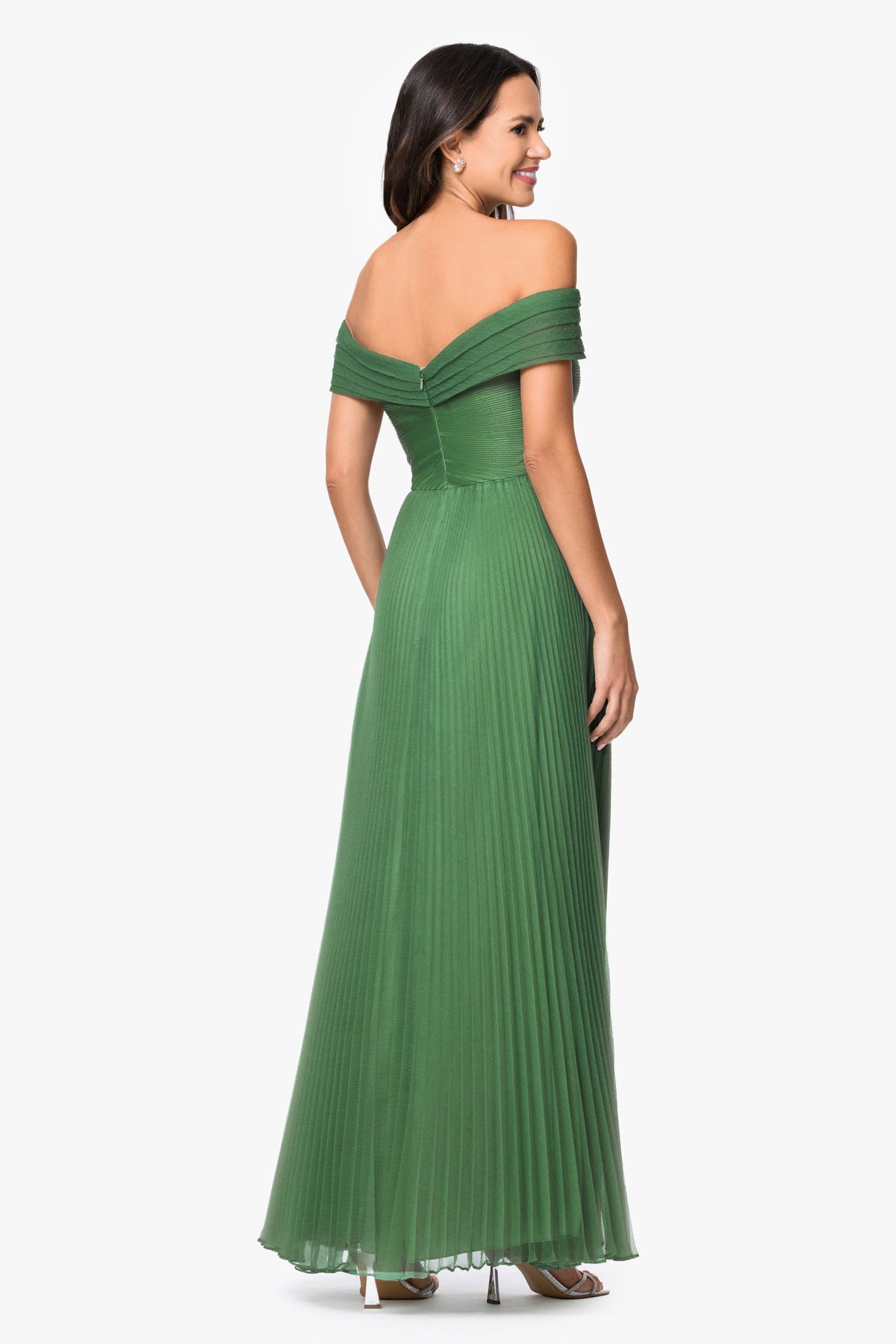 XSCAPE "Cora" Organza Pleated Off The Shoulder Dress